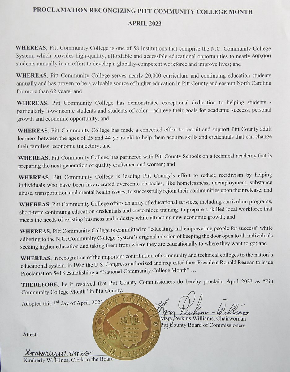 Pitt Community College (@pittcc) on Twitter photo According to <a href="/PittCountyNC/">Pitt County, NC</a>, Pitt Community College has proven to be a valuable source of higher education for over 62 years! Thank you for this timely proclamation in honor of Community College month! #pittcc #CCMonth According to <a href="/PittCountyNC/">Pitt County, NC</a>, Pitt Community College has proven to be a valuable source of higher education for over 62 years! Thank you for this timely proclamation in honor of Community College month! #pittcc #CCMonth