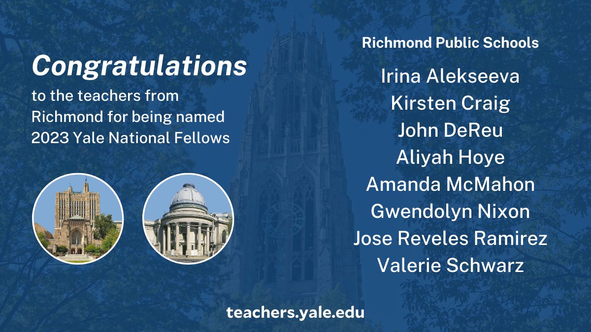 Yale National Initiative (@yninitiative) on Twitter photo Eight #publicschool #teachers from <a href="/RPS_Schools/">Richmond Public Schools</a> will participate in our national seminars and Intensive Session as part of the Yale National Initiative.
<a href="/JasonKamras/">Jason Kamras</a> <a href="/solj1977/">Solj77</a> <a href="/RodRobinsonRVA/">2019 National Teacher of the Year</a> <a href="/runnervals/">Valerie</a> <a href="/Clarycarleton/">cwcarleton</a> <a href="/GoFalconsHHS/">Huguenot High School</a> @WHBeaverLeaders <a href="/JennMcClellanVA/">Jennifer McClellan</a> <a href="/timkaine/">Tim Kaine</a> Eight #publicschool #teachers from <a href="/RPS_Schools/">Richmond Public Schools</a> will participate in our national seminars and Intensive Session as part of the Yale National Initiative.
<a href="/JasonKamras/">Jason Kamras</a> <a href="/solj1977/">Solj77</a> <a href="/RodRobinsonRVA/">2019 National Teacher of the Year</a> <a href="/runnervals/">Valerie</a> <a href="/Clarycarleton/">cwcarleton</a> <a href="/GoFalconsHHS/">Huguenot High School</a> @WHBeaverLeaders <a href="/JennMcClellanVA/">Jennifer McClellan</a> <a href="/timkaine/">Tim Kaine</a>
