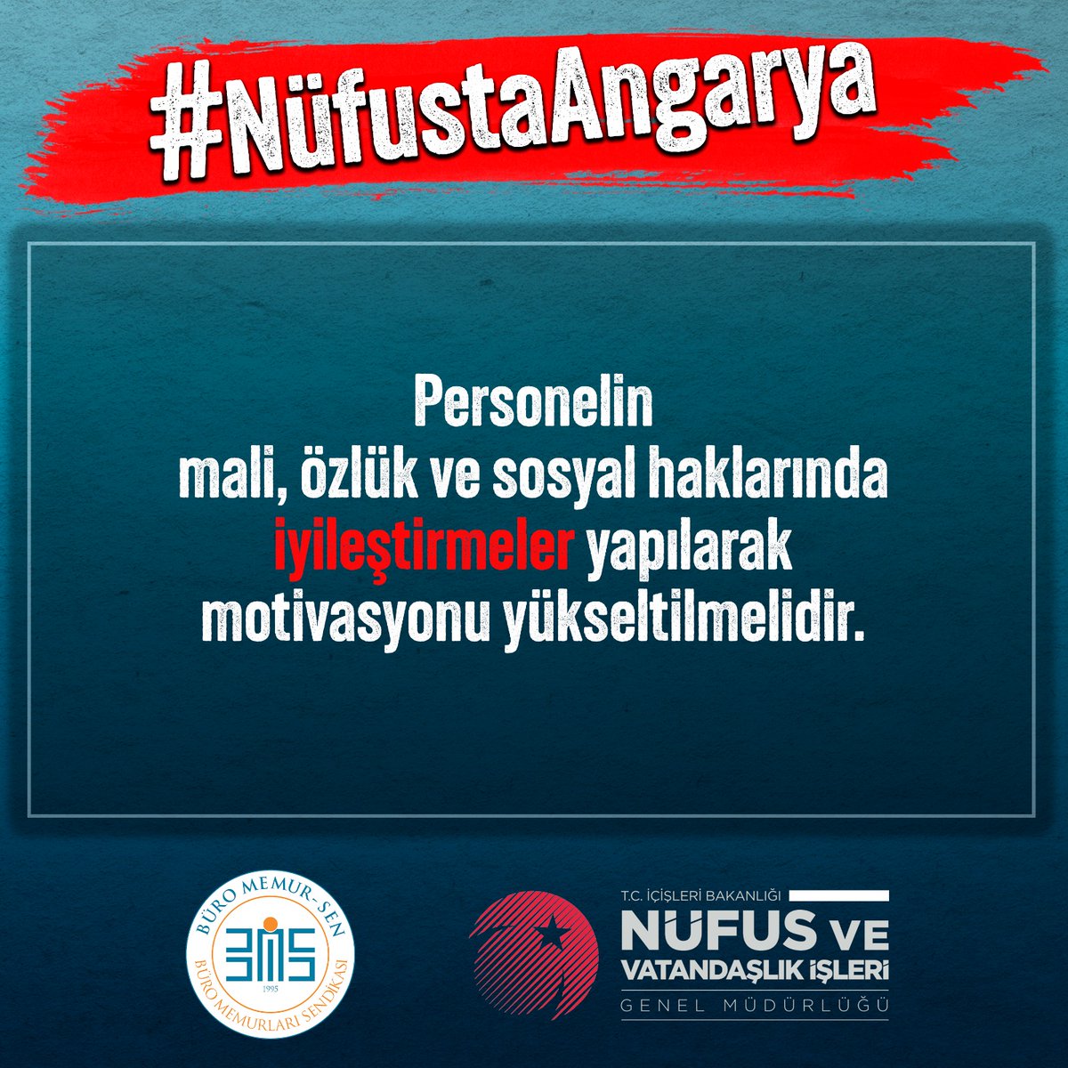 #NufustaAngarya

Personelin mali, özlük ve sosyal haklarında iyileştirmeler yapılarak motivasyonu yükseltilmelidir.

<a href="/RTErdogan/">Recep Tayyip Erdoğan</a> <a href="/suleymansoylu/">Süleyman Soylu</a> <a href="/sefikaygol/">Şefik AYGÖL</a>