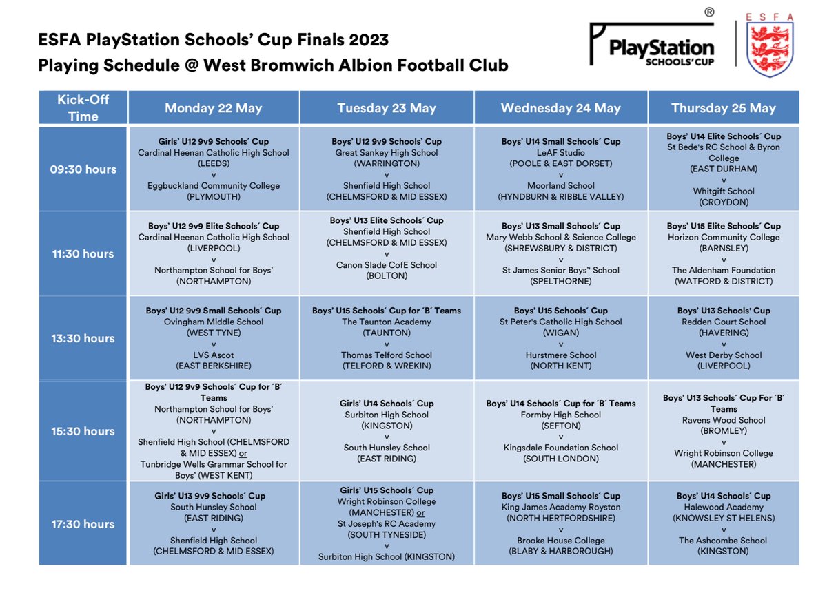 The dates and KO times for our 4 National ⚽️ finals  have  been  announced!  The  ESFA  will  stream  the  finals  live  on  their  YouTube channel  but  we  also  hope  to  have  the  SHS  ‘yellow  wall’  of  supporters  backing  our  teams  at  West  Brom.  😊❤️⚽️