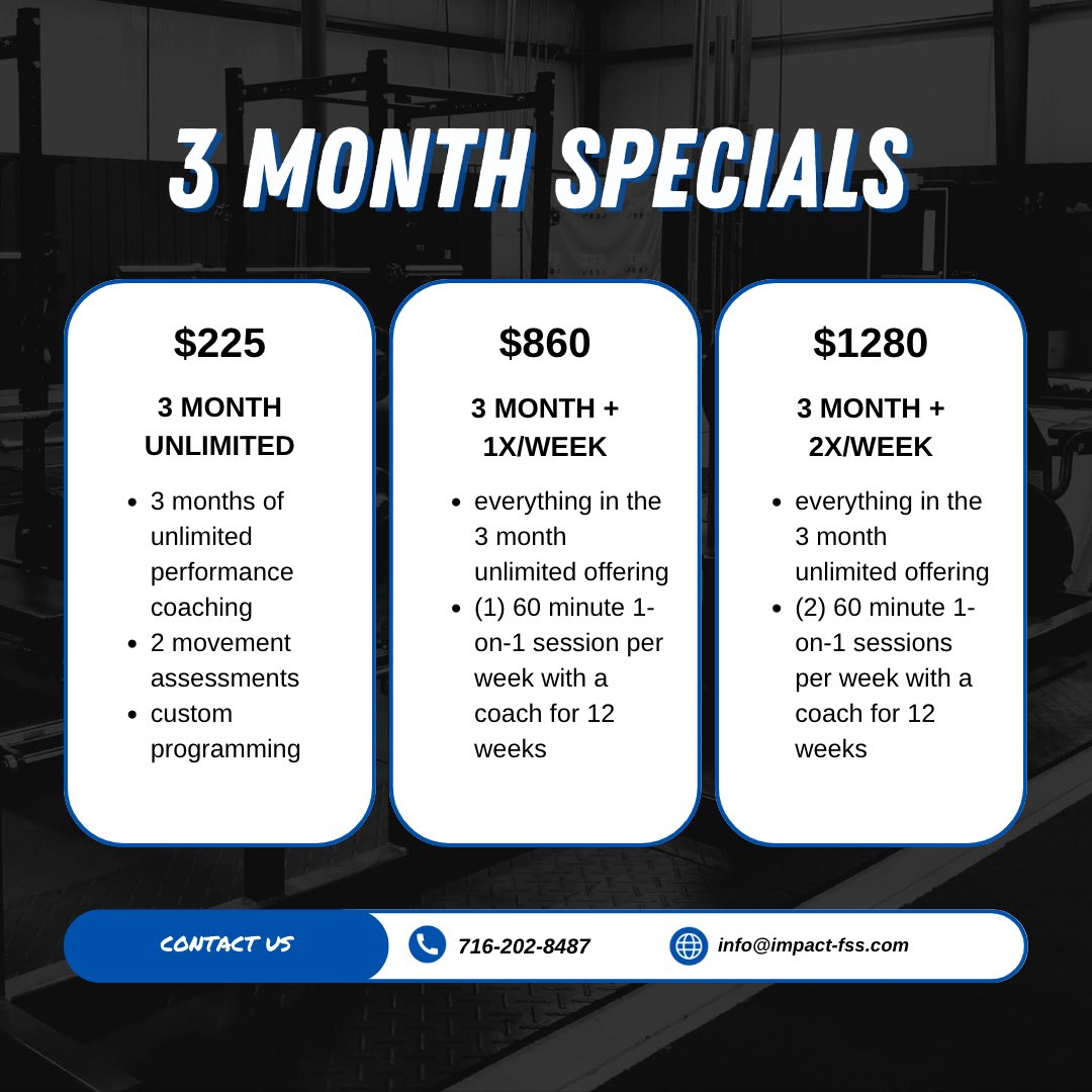 impact_fss's tweet photo. These 3 month specials are the PERFECT summer solution to stay game ready! Take advantage before this offer ends!

#teamIFS #sportperformance #strengthandconditioning #personaltraining #buffalo #hamburgny #villageofhamburgny https://t.co/WMn5j8sasG