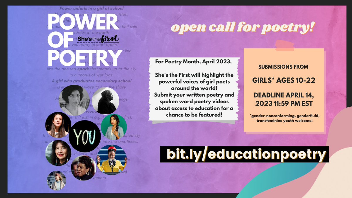 shesthefirst's tweet photo. For #PoetryMonth &amp; #GlobalActionWeekForEducation, She's the First will highlight the powerful voices of girl poets around the world! Submit your written poetry and spoken word poetry videos about access to education for a chance to be featured: https://t.co/bMjt5K2n0q https://t.co/aM40AeZIuF