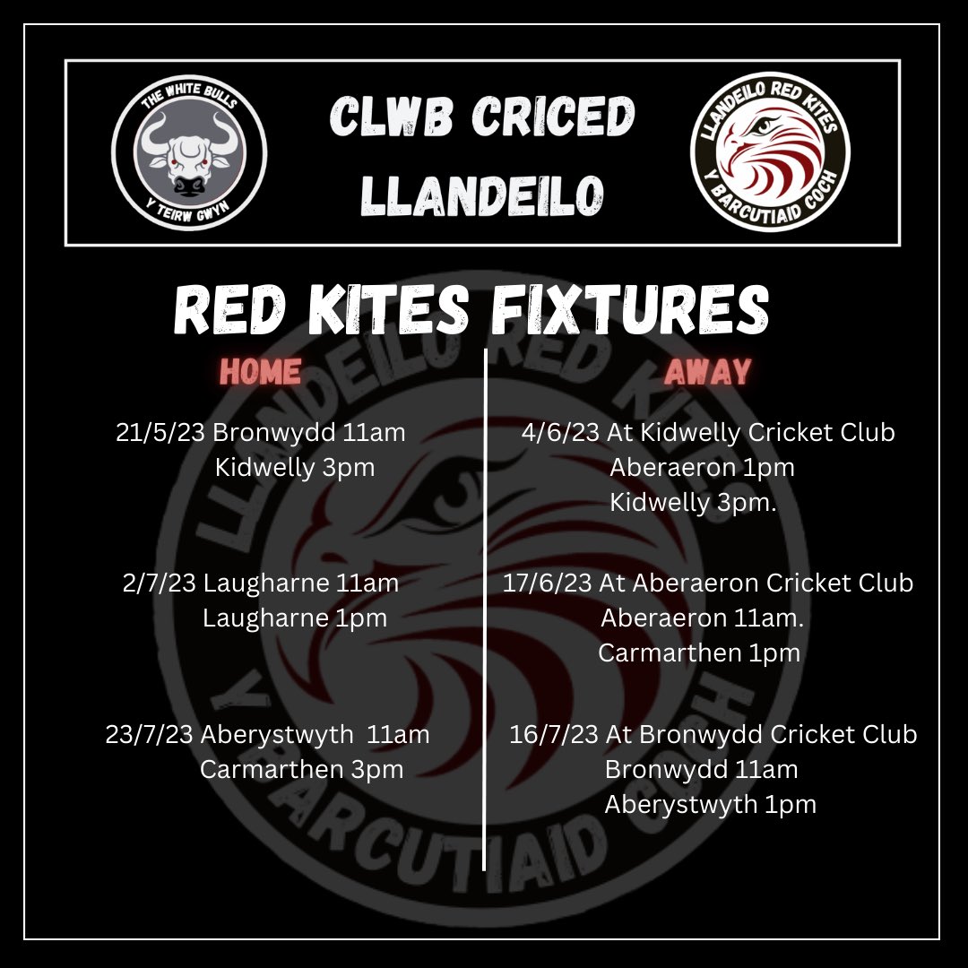 Summer Fixtures for the Kites
Looking forward to playing 
<a href="/ccbronwydd/">Clwb Criced Bronwydd Cricket Club</a> <a href="/KidwellyTownCC/">Kidwelly Town CC Tref Cydweli</a> <a href="/CcLaugharne/">Laugharne CC</a> <a href="/AberCC/">Clwb Criced Aberystwyth Cricket Club</a> <a href="/CricedAberaeron/">Criced Aberaeron</a> <a href="/CarmarthenWands/">ᴄᴀʀᴍᴀʀᴛʜᴇɴ ᴡᴀɴᴅᴇʀᴇʀꜱ ᴄᴄ</a> in the <a href="/WWomensCricket/">Wales Womens Cricket League</a> Carmarthenshire League. 

#softballcricket #welshwomenlovecricket