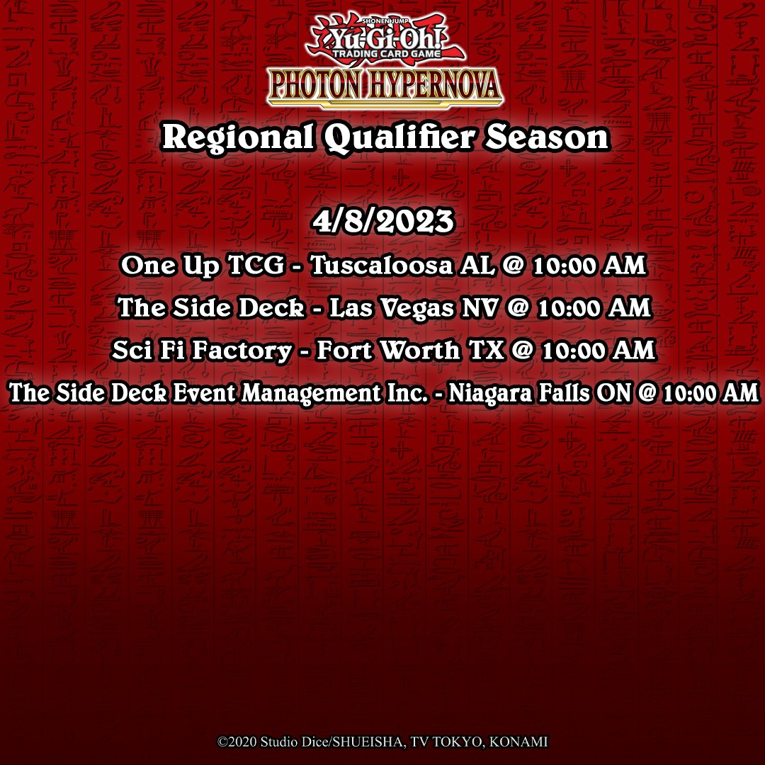 YuGiOh_TCG's tweet photo. WCQ Regional Qualifiers for Photon Hypernova are happening this weekend!
Join a competitive tournament where Duelists compete for exclusive prizes and earn invites to the World Championship Qualifier of their region!
➡️ https://t.co/cqdsYI9LFa
#YuGiOhTCG #PhotonHypernova https://t.co/L9pooQiXQc