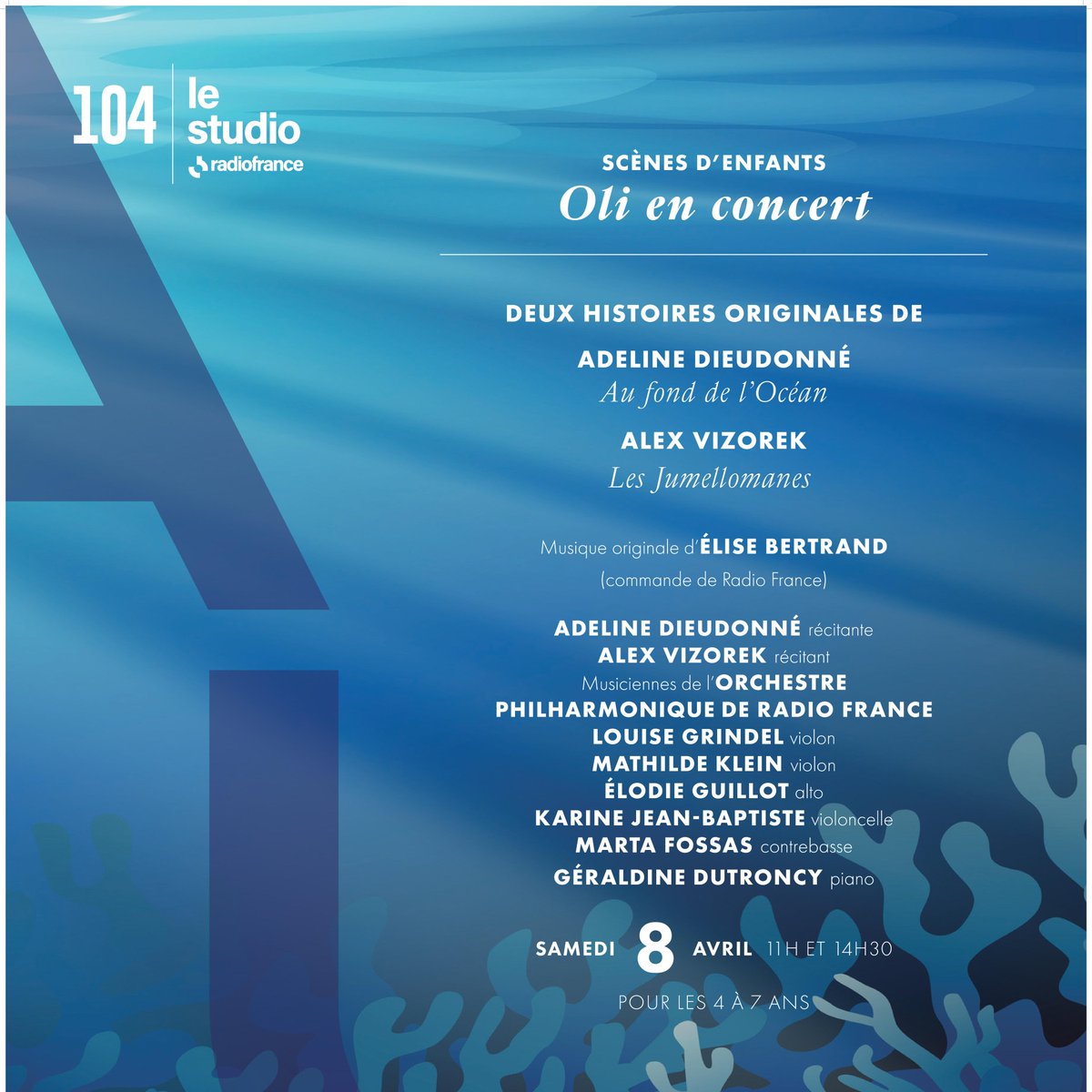 Oli en concert, c'est samedi au Studio 104 avec deux histoires originales d'Adeline Dieudonné et Alex Vizorek sur une musique d'Elise Bertrand avec des musiciennes du Philhar. 
Un concert-spectacle #jeunepublic qui deviendra #podcast 👇
maisondelaradioetdelamusique.fr/evenement/conc…