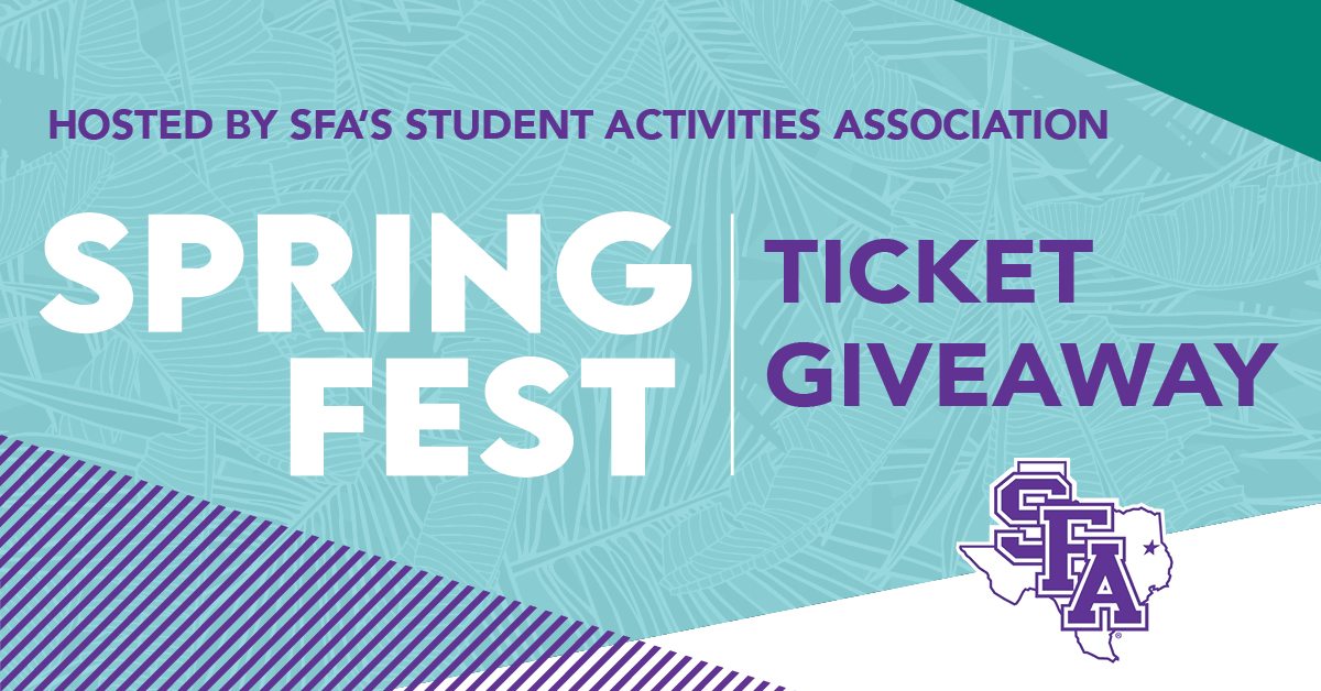 SFASU's tweet photo. 🚨Attention, Jacks!🚨
#SFASpringFest ticket giveaway winners will be announced live at 11:30 a.m. today on Instagram @sfasu. We'll share that video on Facebook, Twitter and Instagram following the live announcement. Good luck! 🤞 🤞
@SAA_1923 https://t.co/qCJHneYYp6