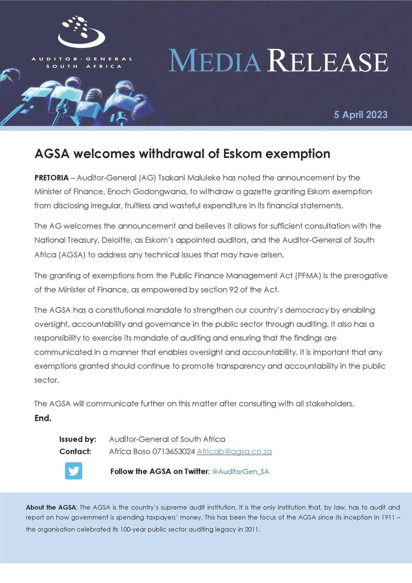 Afrika_Boso's tweet photo. THE NATIONAL AUDIT Office welcomes the withdrawal of Eskom's exemption (see statement).. https://t.co/GFcOADalcT