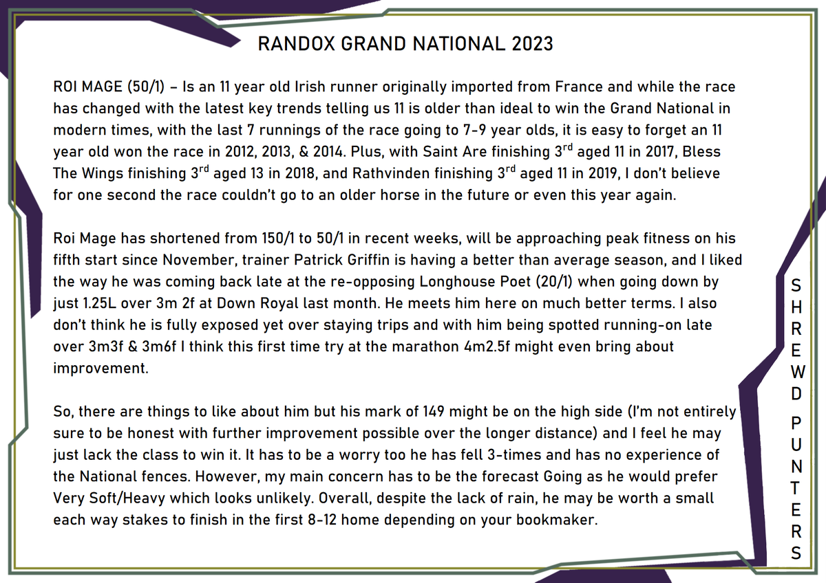 Hi guys, my third write-up is for Roi Mage who was suggested by at least 6 people as a 'lively outsider' and I tend to agree with them. 🤞

There may be more to follow today but if not definitely tomorrow. We'll see. 😃👍

#HorseRacing #RandoxGrandNational 🏇💨💨