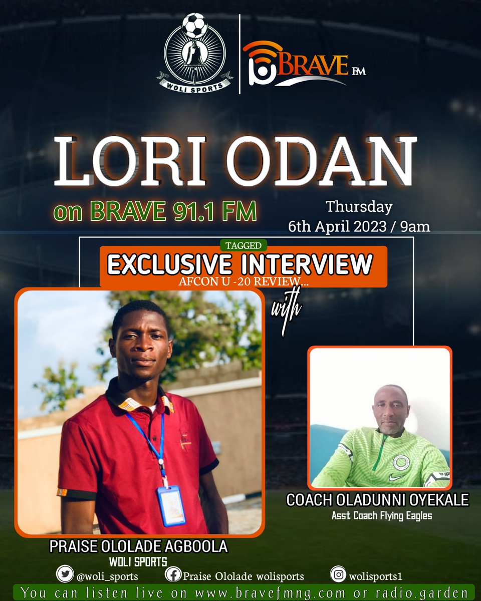 Praise Ololade (@woli_sports) on Twitter photo Flying Eagles assistant Coach Oladuni Oyekale will be live in the studio of <a href="/Brave911fm/">BRAVE91.1FM</a> on the show LORI ODAN with Praise Ololade <a href="/woli_sports/">Praise Ololade</a> ....
You don't want to miss it...
#wolisports
#thesportsprophet
#brave91.1fm
#FlyingEagles Flying Eagles assistant Coach Oladuni Oyekale will be live in the studio of <a href="/Brave911fm/">BRAVE91.1FM</a> on the show LORI ODAN with Praise Ololade <a href="/woli_sports/">Praise Ololade</a> ....
You don't want to miss it...
#wolisports
#thesportsprophet
#brave91.1fm
#FlyingEagles