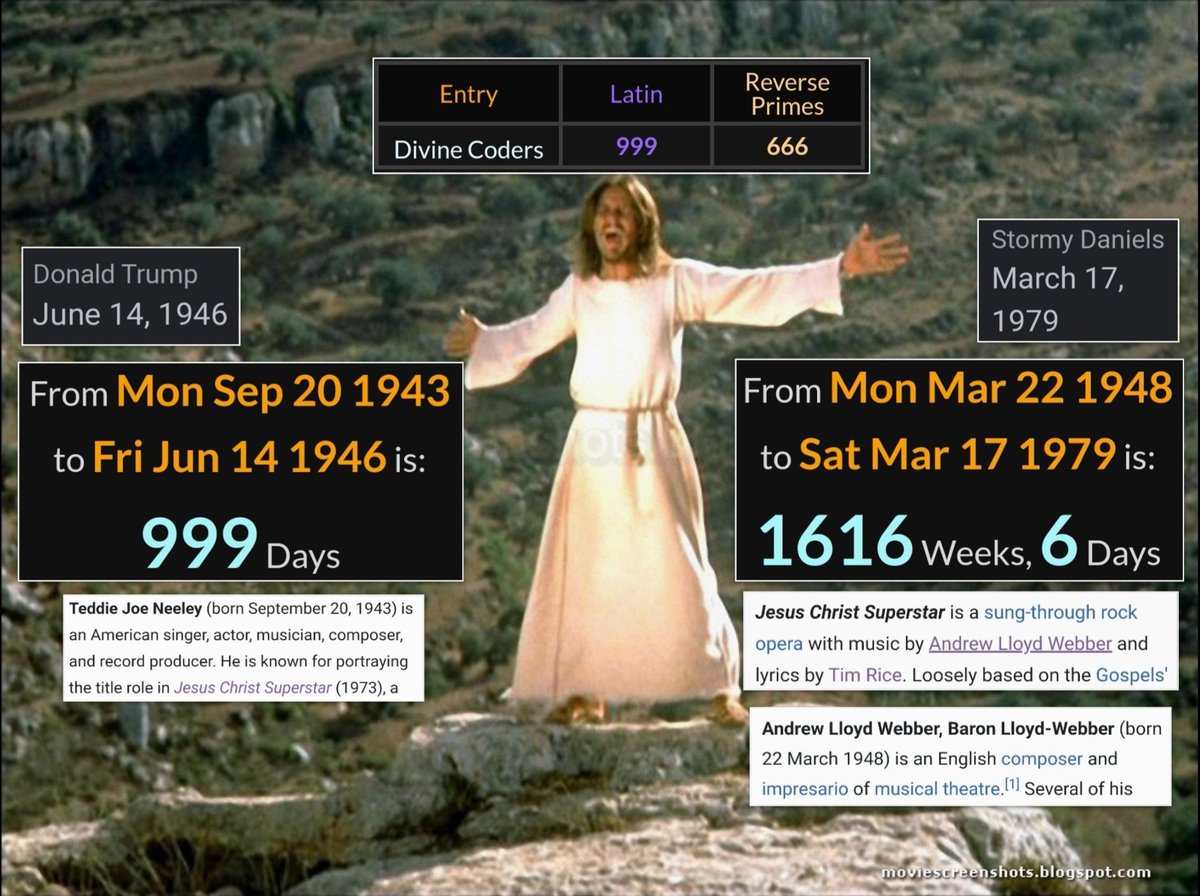 The title role in #JesusChristSuperstar was played by #TedNeeley

Ted was 999 day old when #DonaldTrump was born

9️⃣9️⃣9️⃣🔄6️⃣6️⃣6️⃣

#AndrewLloydWebber wrote the music for Jesus Christ Superstar. He was 1,616 wk 6 day old when #StormyDaniels was born

Divine Coders =999/666