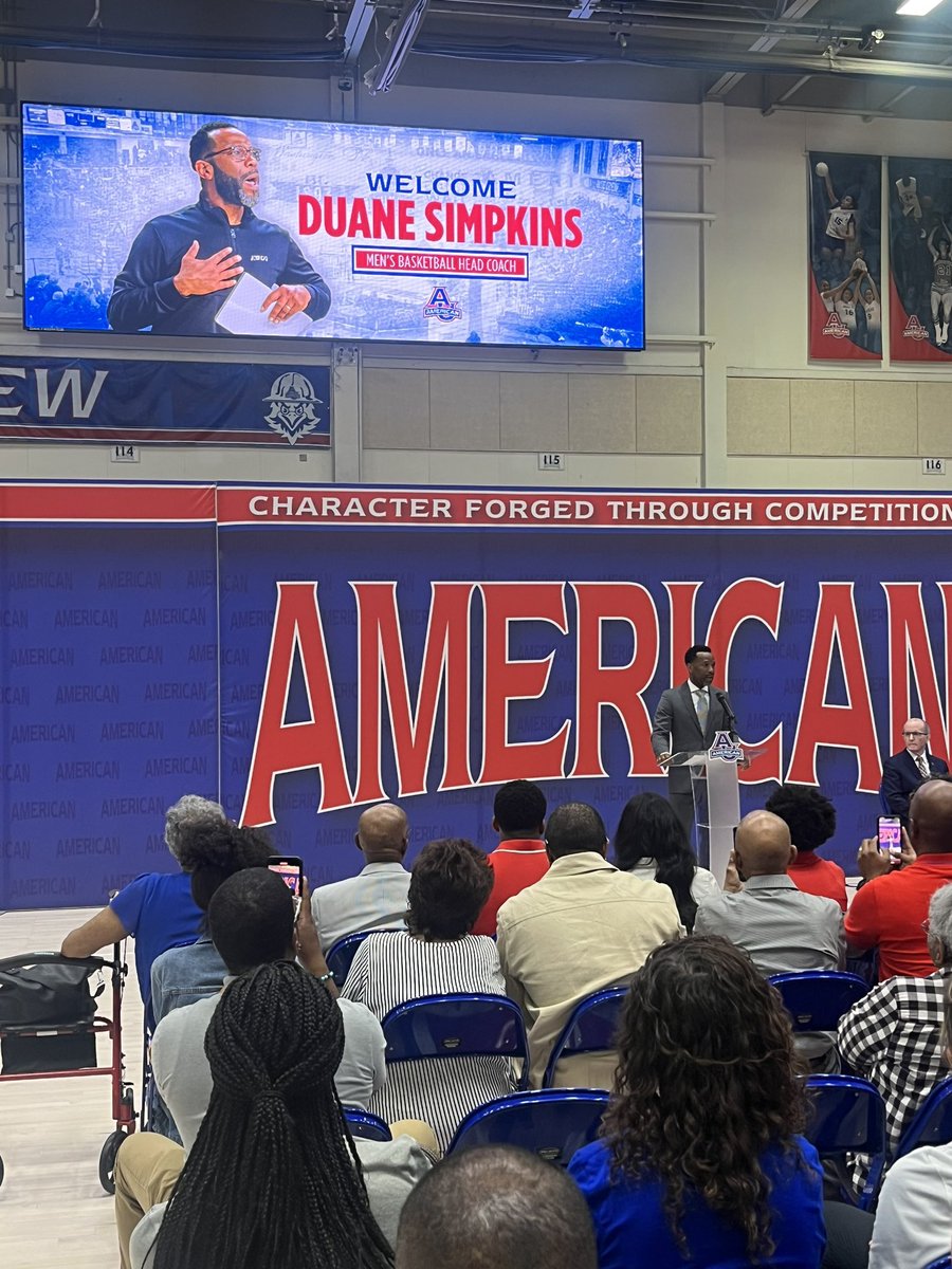 DeMathaCatholic's tweet photo. Press Conference today for Duane Simpkins '92 as the next men's basketball coach at American University.  Stags on hand to support. https://t.co/4TC8HO3EYq