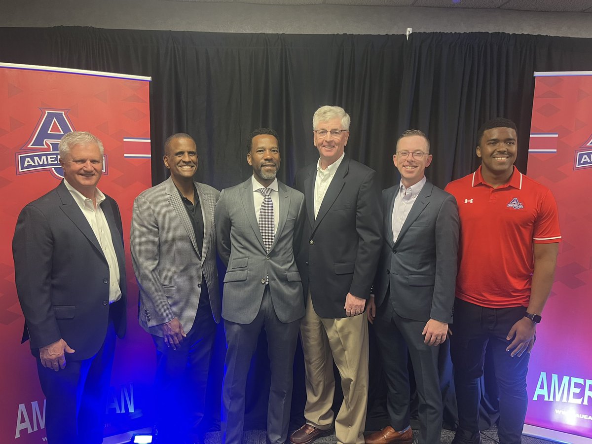 DeMathaCatholic's tweet photo. Press Conference today for Duane Simpkins '92 as the next men's basketball coach at American University.  Stags on hand to support. https://t.co/4TC8HO3EYq