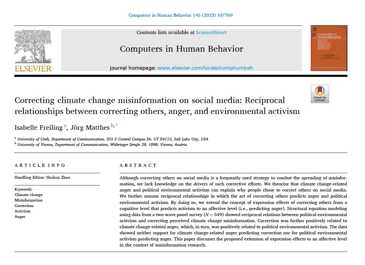 Trying to fight #misinformation, many focus on facts and correct others. “#Corrections … are unlikely to be successful when they are only about facts.” We (w/J. Matthes) found that those who correct others anyways get angrier over time. Might be related to nonsuccess. @UofUComm