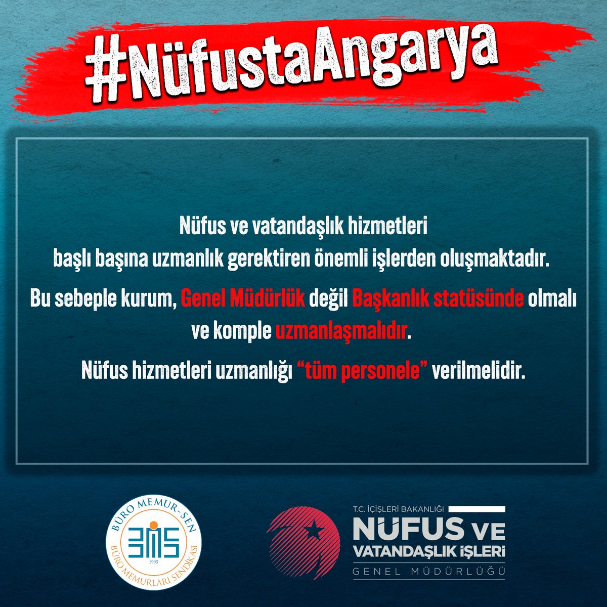 #NufustaAngarya

NVİ hizmetleri başlı başına uzmanlık gerektiren önemli işlerdir.

Bu sebeple kurum, Genel Müdürlük değil Başkanlık statüsünde olmalı ve komple uzmanlaşmalıdır.

Nüfus Hizmetleri Uzmanlığı tüm personele verilmelidir.

<a href="/RTErdogan/">Recep Tayyip Erdoğan</a> <a href="/suleymansoylu/">Süleyman Soylu</a> <a href="/sefikaygol/">Şefik AYGÖL</a>