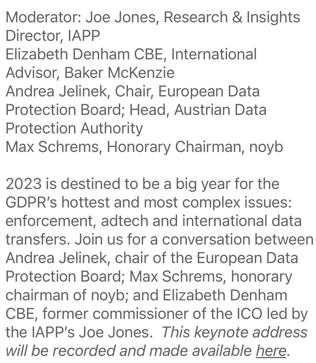 christinayiotis's tweet photo. #GPS23 #Keynote Panel w/ @PrivacyPros @JoeGTJones @EU_EDPB @jelinek_andrea @bakermckenzie @LizDenham1 @NOYBeu @maxschrems #GDPR #Redress #SafeHarbor #PrivacyShield #SchremsIII? #CrossBorderTransfers #Surveillance #PrivacyExpectations #GovernmentAccess #Proportionality #Trust https://t.co/ARcrJ6U4XA