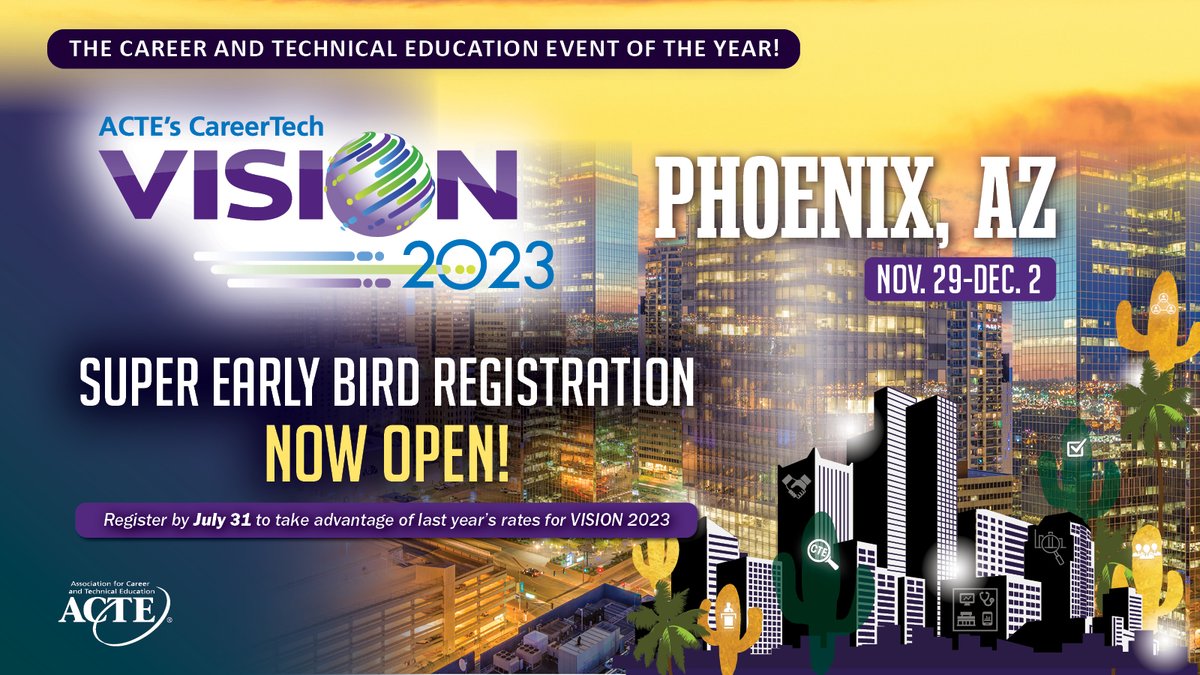 VISION registration is open! Join us in Phoenix, AZ, Nov. 29-Dec. 2! Register by July 31 to take advantage of the super early bird rates. careertechvision.com/pricing.cfm