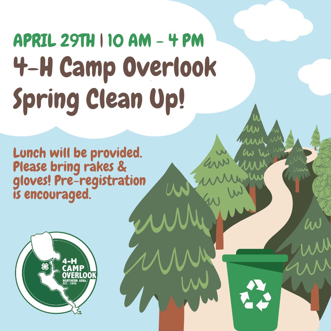 It's time to clean up 4-H Camp Overlook! Join us on April 29th from 10am-4pm to spruce up Camp before the Summer Season! Please bring rakes and gloves. Lunch will be provided for all!

Pre-register by visiting pub.cce.cornell.edu/event_registra…