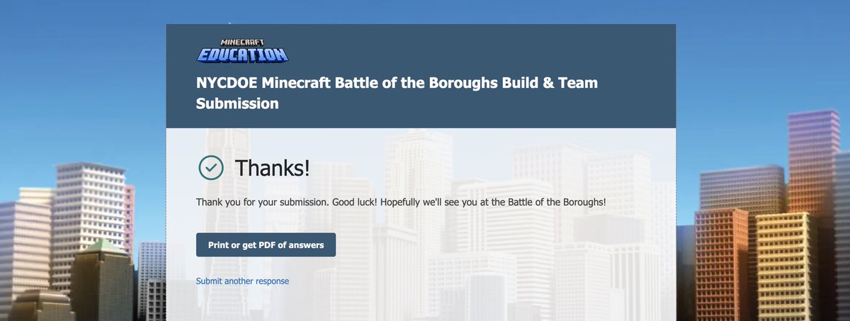 K_AMcG's tweet image. For all my NYCDOE teacher friends, last day to submit for NYC DOE Battle of the Boroughs is today April 5th! Working on getting my last few students submitted now! #MinecraftChallenge #MinecraftEdu #Nycschoolstech  @seanmarnold @JoseCPerez @tonynovas