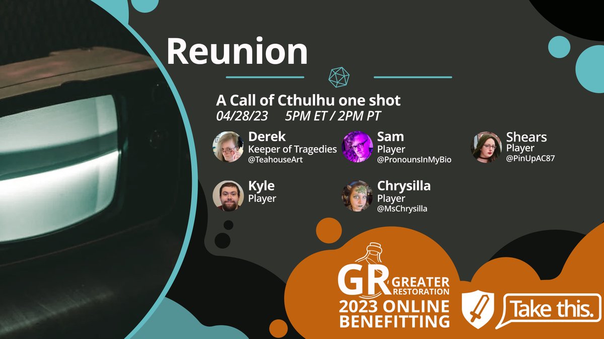 Next on the 28th at 5pm ET Keeper <a href="/TeahouseArt/">Teahouse Tales</a> will guide <a href="/PronounsInMyBio/">A Day Without Pronouns</a> <a href="/PinUpAC87/">Blood, Thread, & Shears (They/Them)</a> Kyle and <a href="/MsChrysilla/">Chrysilla - Tarot for the World We Want</a> through the horrors of Reunion, a Call of Cthullu one shot.