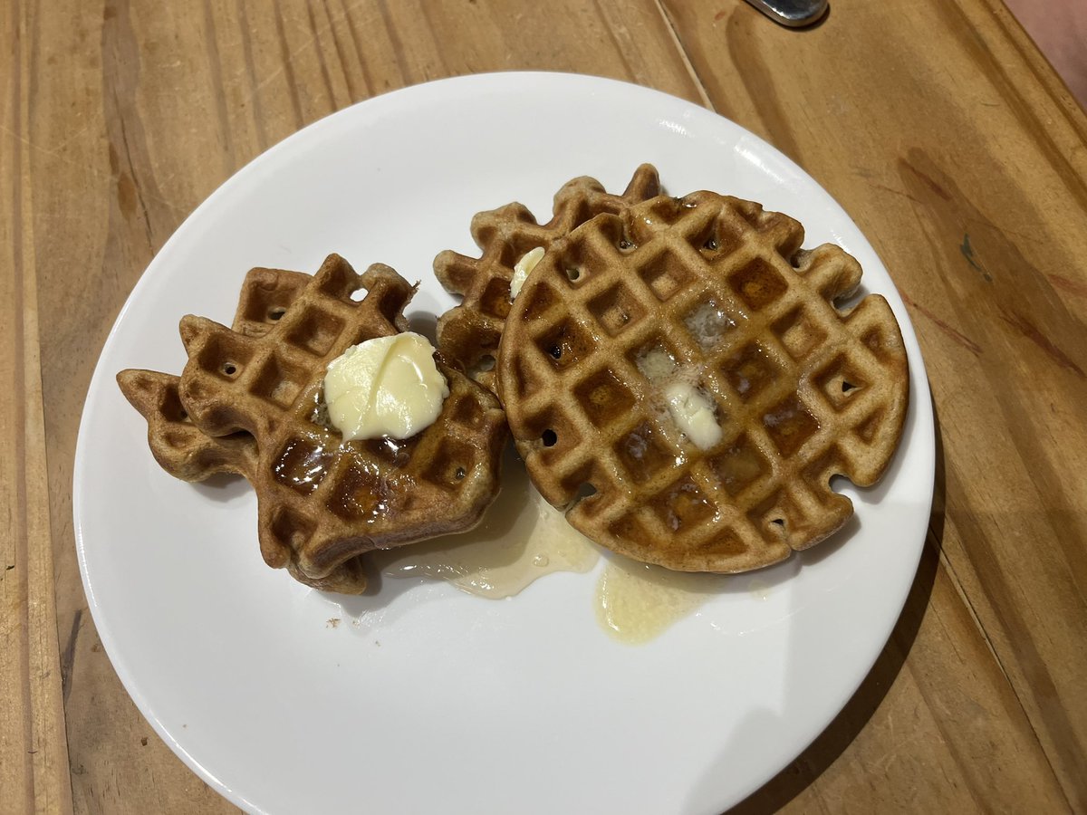 Fajita's tweet photo. Everything is bigger in Texas, except waffles. HEB had these waffle makers on sale, so I grabbed one.

Marcello wanted Texas waffles for breakfast, so I made some. Local maple syrup from @GrassRiverNA https://t.co/PYoiauC3AA