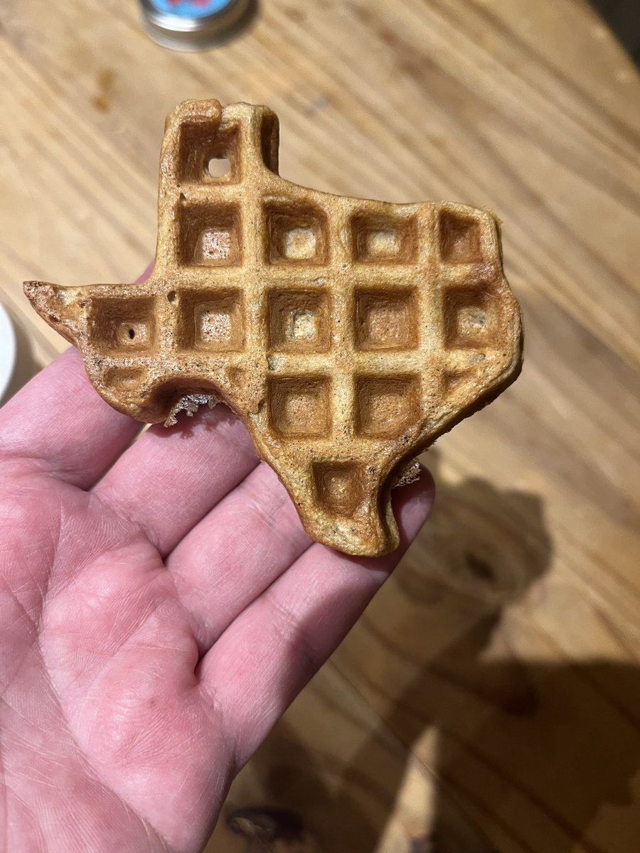 Fajita's tweet photo. Everything is bigger in Texas, except waffles. HEB had these waffle makers on sale, so I grabbed one.

Marcello wanted Texas waffles for breakfast, so I made some. Local maple syrup from @GrassRiverNA https://t.co/PYoiauC3AA