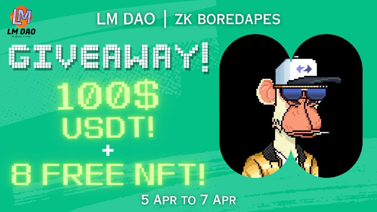 LM DAO (💰,❤) (@dao_lm) on Twitter photo 📣 Big Prize Pool #Giveaway 🔥
😱 Reward Pool :
🎁• 100$ Usdt 🚀
🎁• x8 #FreeNFTs
⚡(each Nfts worth of 50$)
To Enter:
✅ Follow <a href="/dao_lm/">LM DAO (💰,❤)</a> and <a href="/zkboredapes/">zk Bored Apes - Mint LIVE</a>
✅ Like, RT & Tag 5 Friends
✅ Finish gleam tasks: giv.gg/lmdao--zkbored…
ENDS IN 2 DAYS ⏰
#Airdrops #USDTGiveaway 📣 Big Prize Pool #Giveaway 🔥
😱 Reward Pool :
🎁• 100$ Usdt 🚀
🎁• x8 #FreeNFTs
⚡(each Nfts worth of 50$)
To Enter:
✅ Follow <a href="/dao_lm/">LM DAO (💰,❤)</a> and <a href="/zkboredapes/">zk Bored Apes - Mint LIVE</a>
✅ Like, RT & Tag 5 Friends
✅ Finish gleam tasks: giv.gg/lmdao--zkbored…
ENDS IN 2 DAYS ⏰
#Airdrops #USDTGiveaway