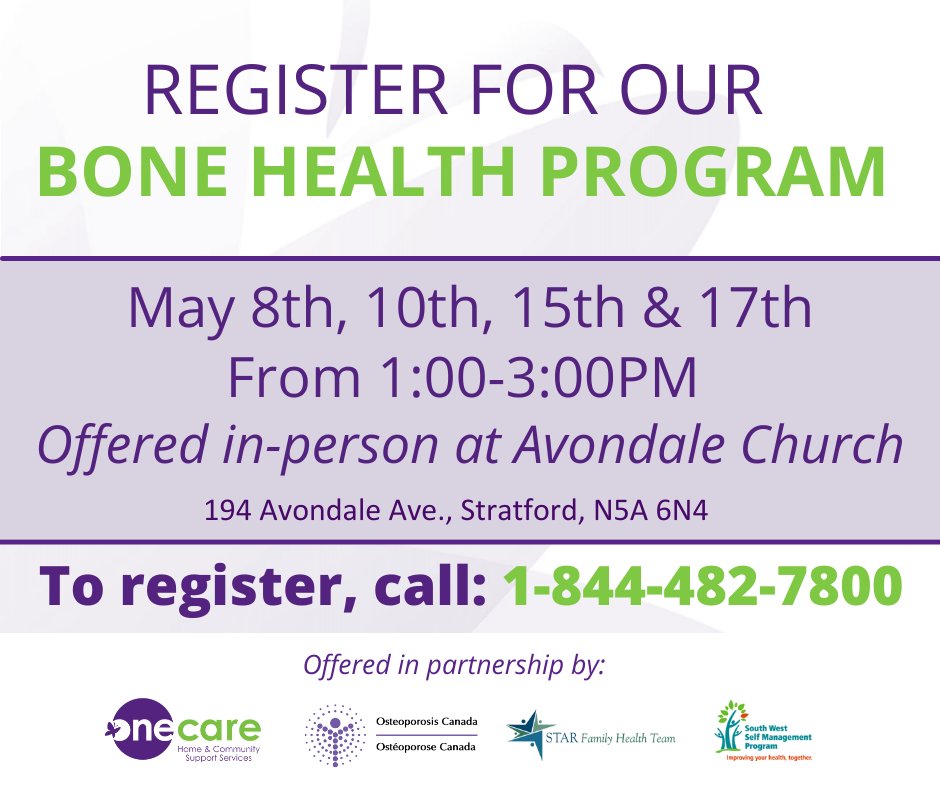 Improve your bone health by registering for our Bone Health Program! Sessions include: Osteoporosis and risk factors, the role of exercise and nutrition, action planning and how to live well with Osteoporosis, and the role of medications and supplements.