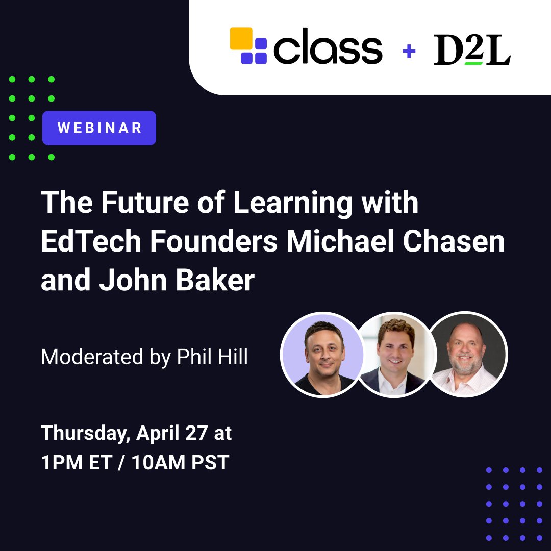 D2L (@d2l) on Twitter photo Hear from <a href="/JohnBakerD2L/">John Baker</a> and <a href="/michaelchasen/">Michael L. Chasen</a>, as they reflect on how edtech has evolved, the path forward and how institutions and technology that support them must adapt to meet the needs and growing demand for online learning.🧑💻
Register now: bit.ly/40HwXo7 Hear from <a href="/JohnBakerD2L/">John Baker</a> and <a href="/michaelchasen/">Michael L. Chasen</a>, as they reflect on how edtech has evolved, the path forward and how institutions and technology that support them must adapt to meet the needs and growing demand for online learning.🧑💻
Register now: bit.ly/40HwXo7
