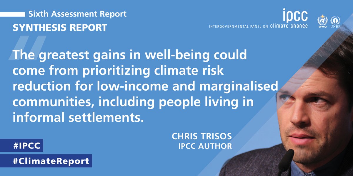 How do we tackle #climatechange?

#IPCC’s Synthesis Report lays out solutions.

“The greatest gains in well-being could come from
prioritizing climate risk reduction for low-income &amp; marginalised
communities.” - <a href="/christrisos/">Christopher Trisos</a>, #IPCC author

 ➡️ ipcc.ch/report/ar6/syr/