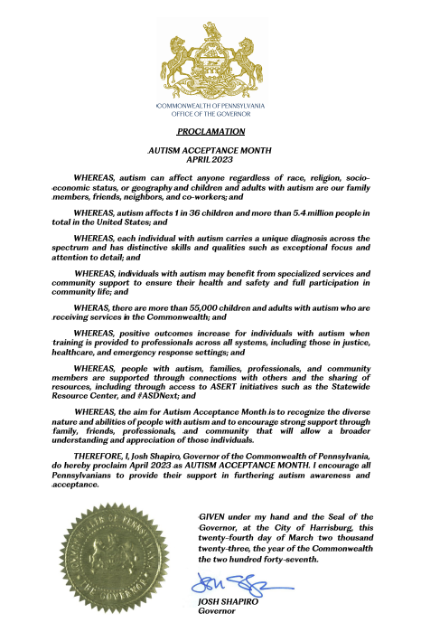 ASERT_PAautism's tweet image. The 2023 #AutismAcceptanceMonth proclamation signed by Governor Shapiro celebrates the diverse nature &amp;amp; abilities of individuals with #autism in PA 📜👉  bit.ly/3KBOmZy

Check out the reference to ASERT &amp;amp; @ASERT_asdnext  in the 7th paragraph! 👀
