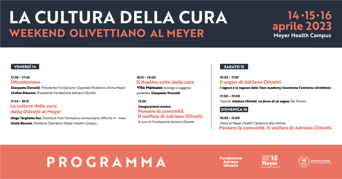 Il weekend olivettiano al Meyer: un’occasione per riflettere sulla cultura della cura.

Consulta il programma completo sul nostro sito per saperne di più: bit.ly/40YQAr

#FondazioneAdrianoOlivetti #fondazionemeyer #ospedalemeyer #Eventi #Comunita