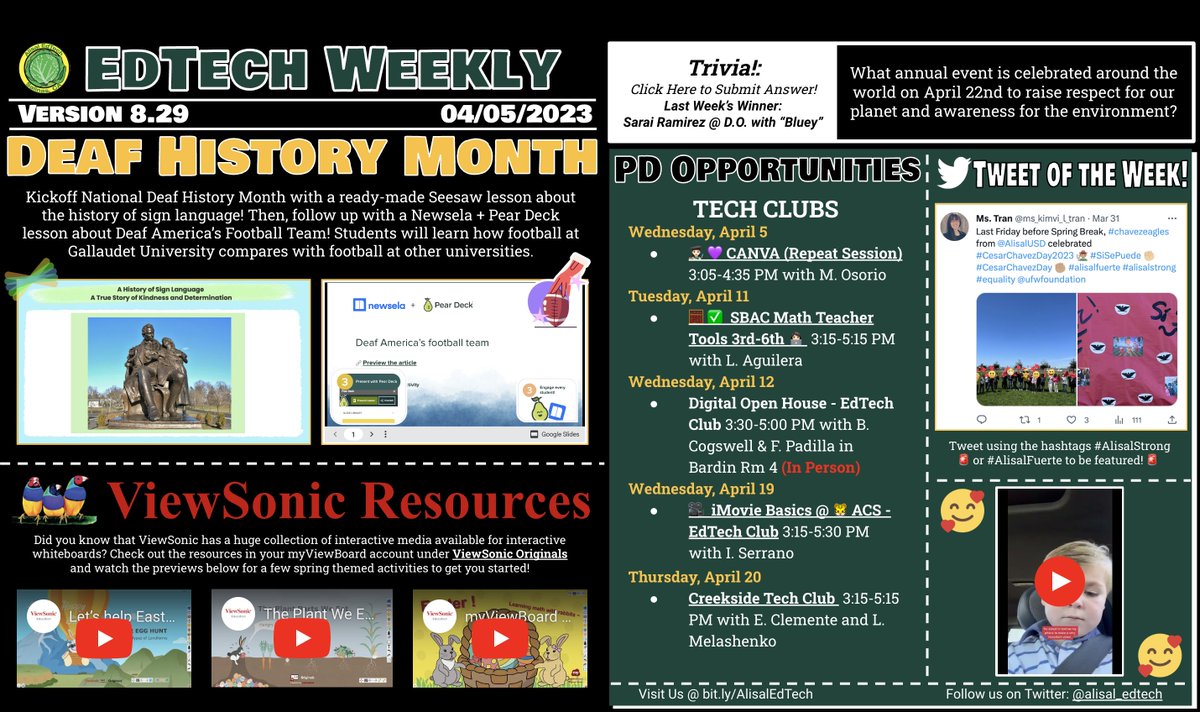 alisal_edtech's tweet photo. Good Morning @AlisalUSD! ☀️ Check out this week’s EdTech Weekly for #DeafHistoryMonth activities from @Seesaw and @Newsela + @Peardeck! Preview resources in your @ViewSonicEDU account and don’t miss PD opportunities in April! 🌸#alisalstrong #alisalfuerte

https://t.co/Qwwlgp0DGl https://t.co/9RWFFB53kg