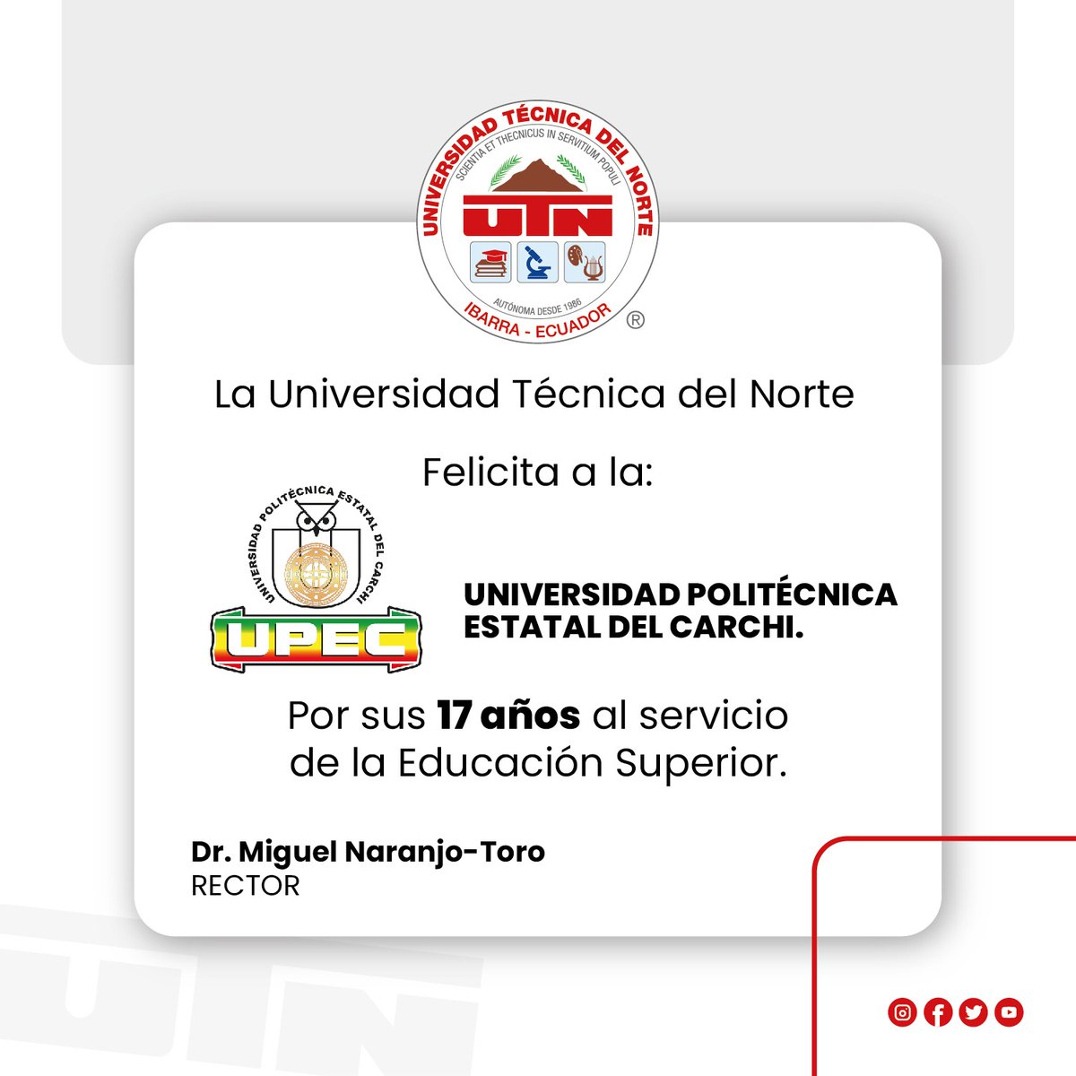 UTN_Ibarra's tweet photo. Felicitamos a la fraterna @UpecCarchi en su aniversario institucional, a su comunidad universitaria por el trabajo desplegado a favor de la educación superior en el norte del país. https://t.co/I3l8VrXs2i