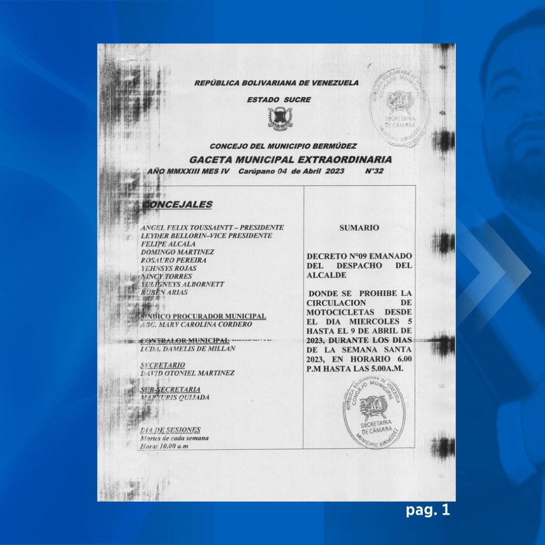 Prensa_JulioRod's tweet photo. Decreto Nro. 9
Donde se prohíbe la circulación de motocicletas, desde este miércoles #5Abril hasta el #9Abril en el horario de 6pm a 5am #SemanaSanta2023

#PrensaJulioRodríguez https://t.co/WOobzKgmQj
