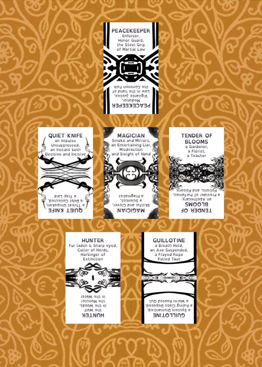 PEACEKEEPER
QUIET KNIFE &amp; MAGICIAN &amp; TENDER OF BLOOMS
HUNTER &amp; GUILLOTINE