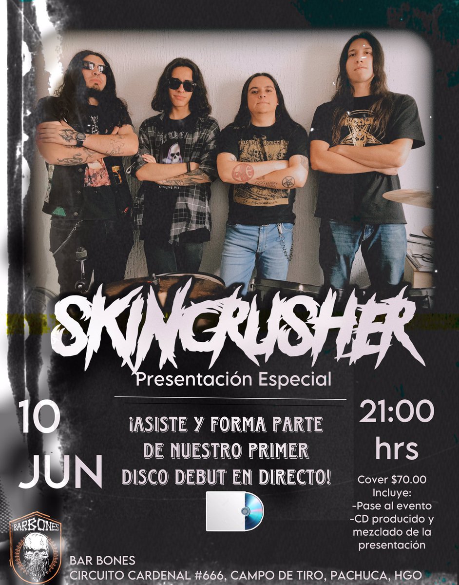 skincrusher's tweet photo. ¡Ven y forma parte de la grabación de nuestro disco debut en directo!

Cover de $70.00 que incluye desde luego acceso al evento y ser acreedor a una copia del disco! Además de que este día encontrarás nuestro primer lote de mercancía a precio especial!

#Skincrusher #thrashmetal https://t.co/MgD8Va7YwE