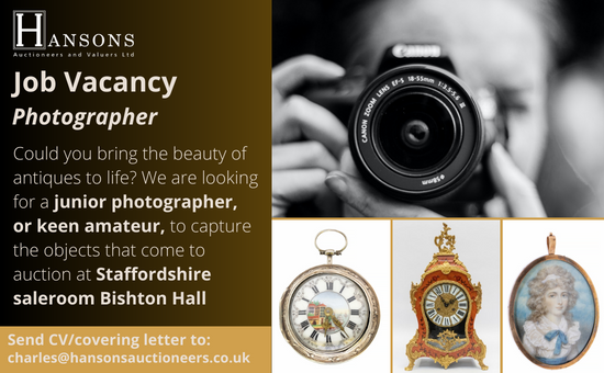 JOB ALERT!

We're expanding fast at Hansons and a vacancy has arisen for a photographer at Bishton Hall, our Staffordshire saleroom.

Please retweet!

<a href="/HansonsAuctions/">Charles Hanson</a>