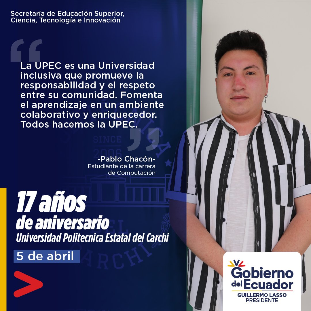 EduSuperiorEc's tweet photo. Felicitamos a la @UpecCarchi por sus 17 años de aniversario. 🎓👏

Reconocemos el valioso aporte demostrado por su comunidad académica. Juntos seguiremos impulsando la construcción de un Ecuador en donde la generación de conocimiento sea el eje esencial del progreso. https://t.co/v2DWtCyz2v
