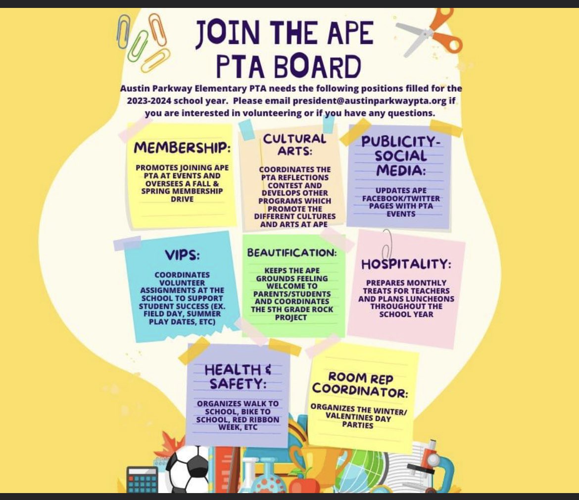 We would love YOU to join our AWESOME APE PTA Board!!!