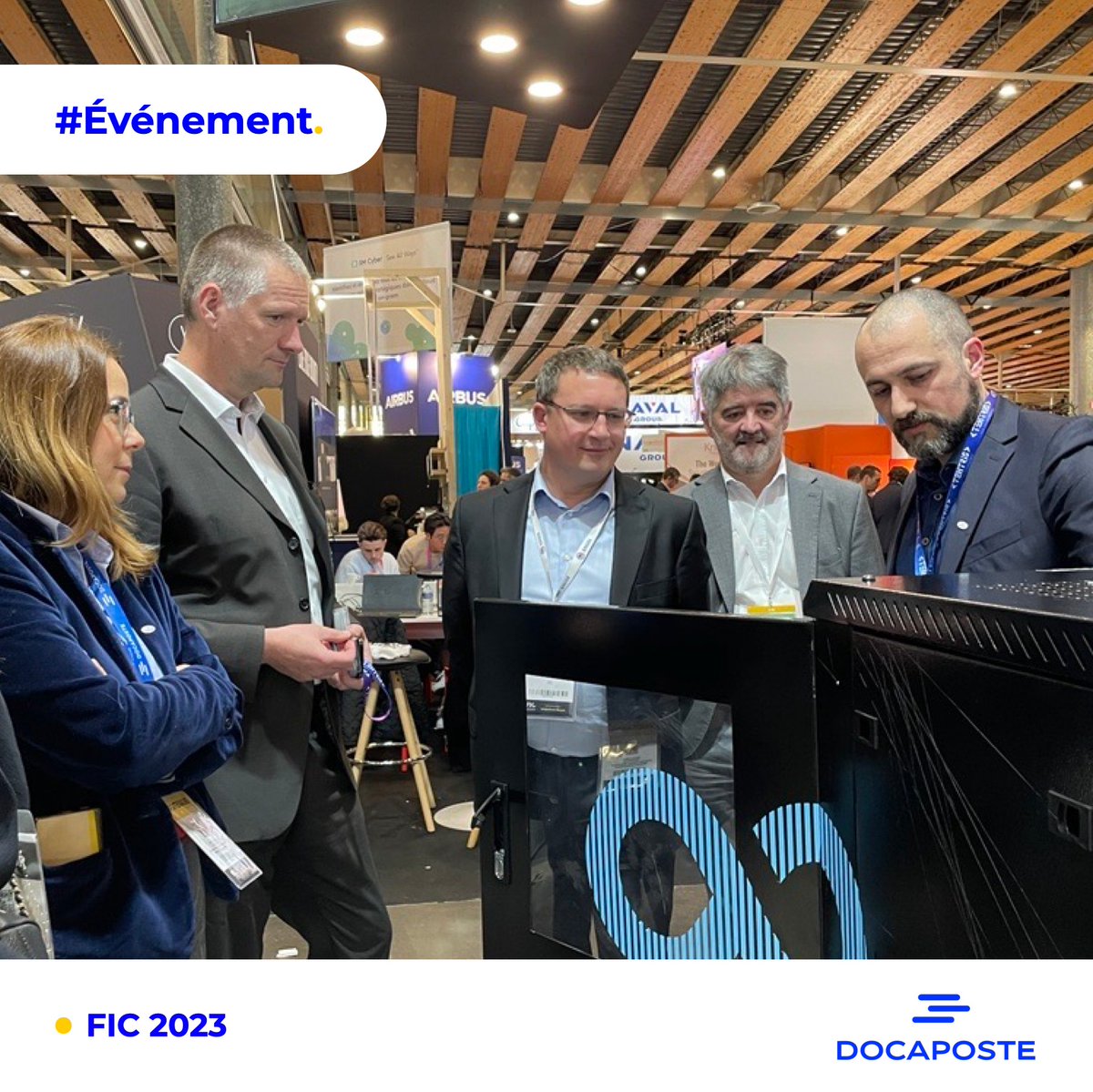 Docapost's tweet photo. #FIC2023 |  Présentation de la solution de cyber-sauvegarde #TankR à Vincent Strubel, DG @ANSSI_FR 

De g/d : @smara_lungu, Dir. Strat. &amp; Rel. Institut. @Docapost,  Guillaume Poupard, DGA @Docapost, @AlainIssarni, président exéc. @NumSpotCloud &amp; Benjamin Bouny (@EuklesSolutions) https://t.co/Ck9W4VQa8x