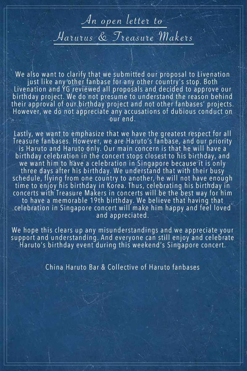 HarutoChina's tweet photo. An open letter regarding the Singapore concert birthday celebration situation. https://t.co/7z9niR0ZDF