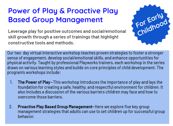 Register for the Power of Play and Proactive Play Based Group management training today! On May 16th and 18th you will learn to leverage play for positive outcomes and social/emotional skill growth through a series of trainings that highlight constructive tools and methods.