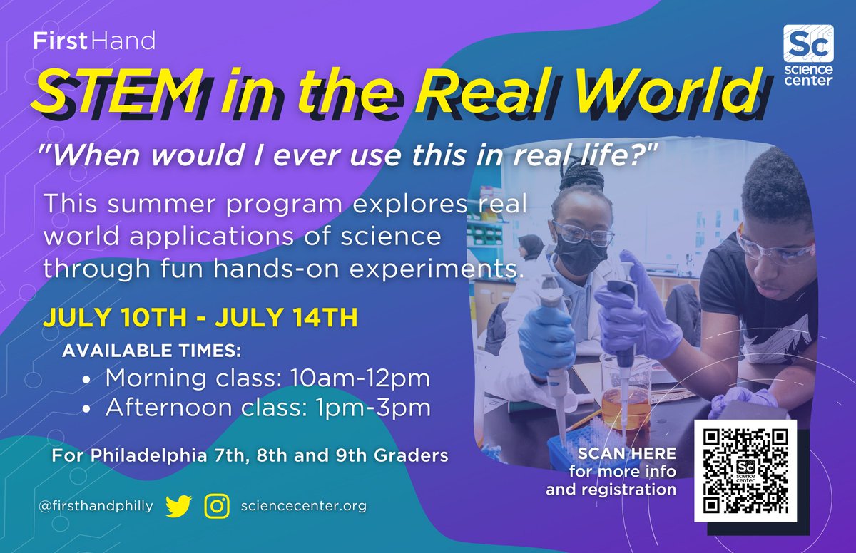 STEM in the Real World will be💫in person💫 at 3675 Market St this summer! 7th-9th graders, July 10-14, AM or PM sessions. Free and SEPTA passes will be provided! Spots are first come, first served and there will be a waitlist. Sign up today: ucsc.co/stem-in-the-re…