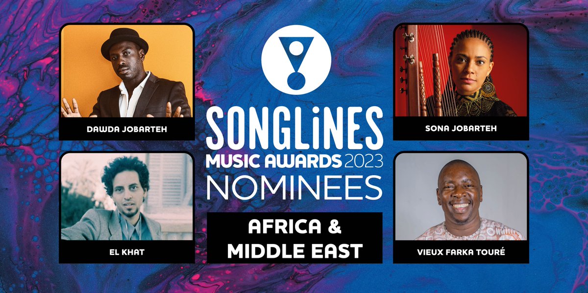 Congratulations to the nominees in the Africa & Middle East category of the Songlines Music Awards 2023... ☆ Dawda Jobarteh ☆ @SonaJobarteh ☆ El Khat ☆ @Vieuxfarkatoure Discover more and listen to their latest albums at songlines.co.uk/awards/2023 #SMA23