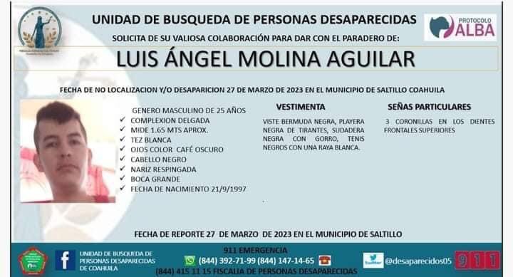 Saltillo_Vigila's tweet photo. 04 Abril 2023 Cuarto día en la búsqueda del Joven desaparecido en #Saltillo Luis Ángel Molina Aguilar quien salió de su domicilio el pasado domingo  26 de marzo 2023 https://t.co/m2LUhzS9nJ