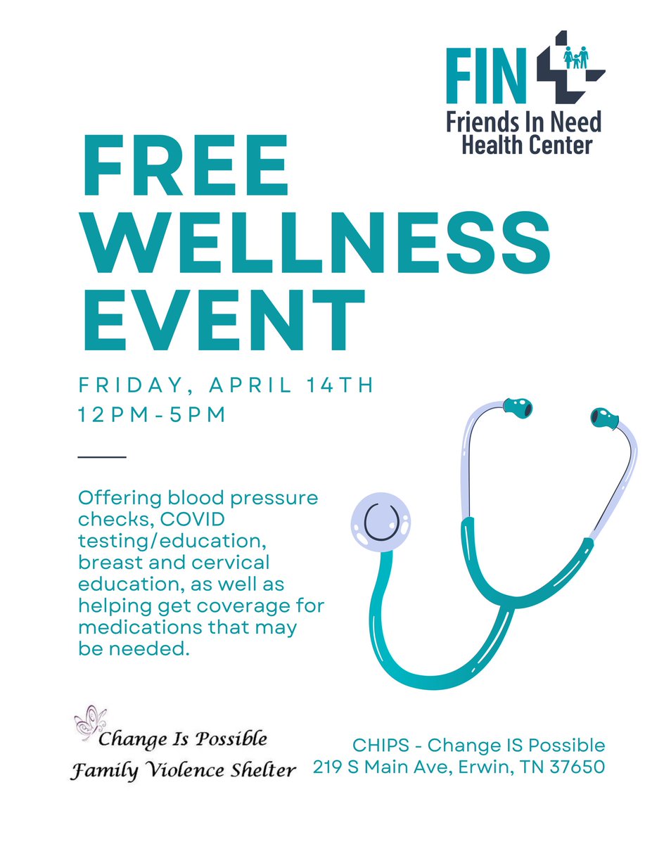 We have an upcoming FREE wellness event in Erwin, Tennessee at CHIPS - A Family Violence Shelter. We hope to see you Friday, April 14th for the event! 🙌🏼 
-
-
-
-
-
-
#health #healthevent #free #freeevent #healthcare #wellness #wellnessevent #nonprofit #erwintn