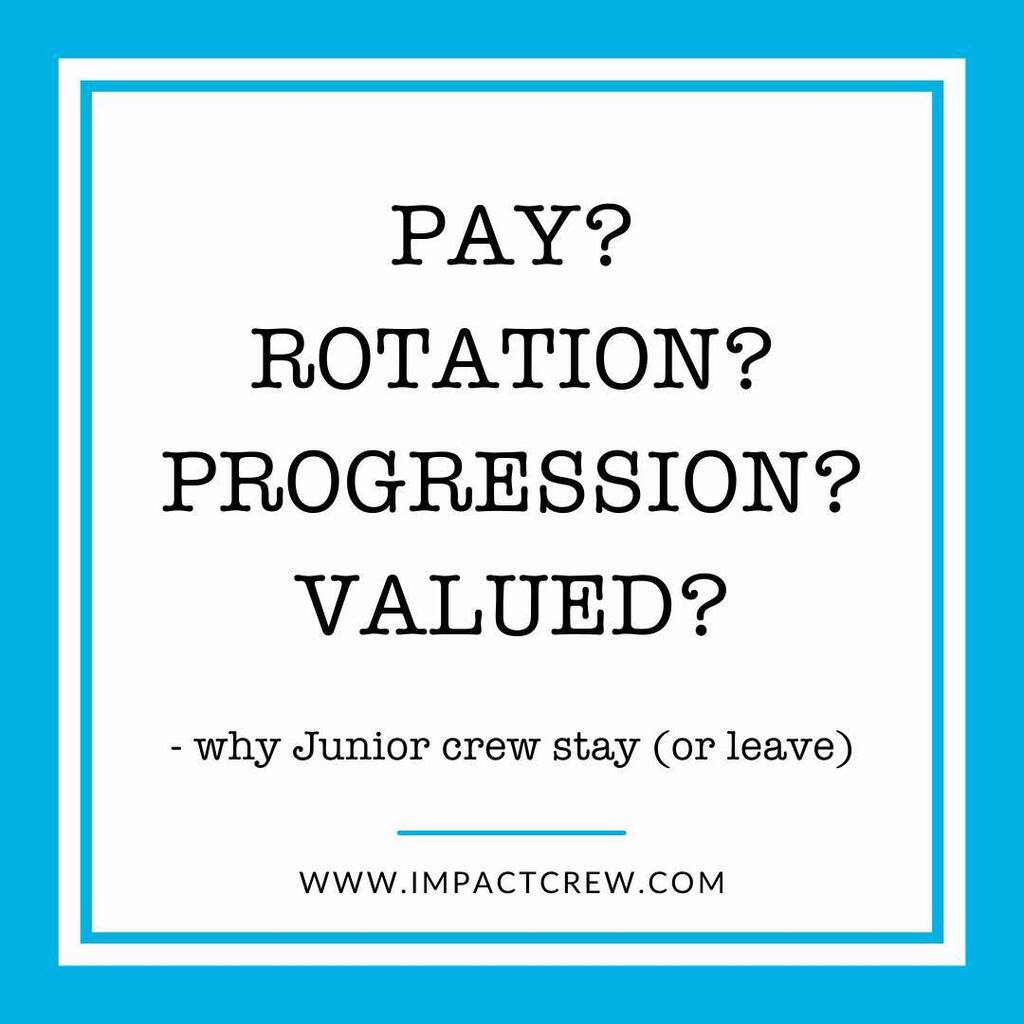 Our recent survey shows some reasons why Junior crew will stay or leave 

It all boils down to leadership… 

53% of juniors say leadership inc crew dynamics is the reason why they leave. 

Reasons crew stay: 

“Itinerary, Crew, Progression” 

“Good crew and work life balance…