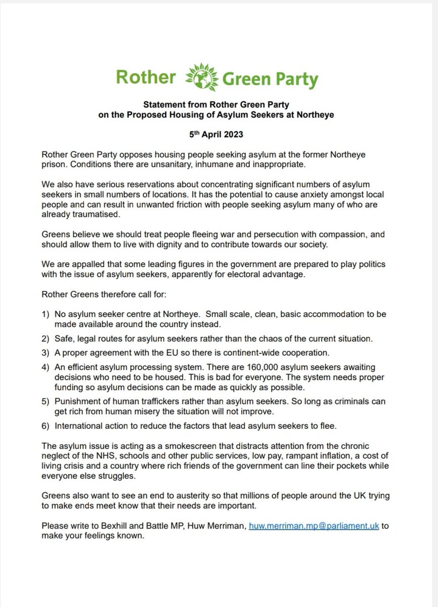 I am proud that <a href="/RotherGreens/">Rother Green Party</a> have issued a statement condemning the proposed centre, not out of fear of asylum seekers but because we need to treat people seeking refuge in our country far better than this.
<a href="/TheGreenParty/">The Green Party</a>
#RefugeesWelcome
