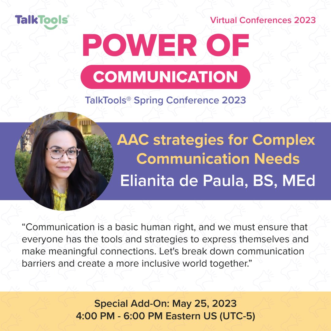 TalkTools's tweet photo. 🌟Elianita de Paula, BS, MEd, the owner and lead consultant at Beyond Inclusion Therapy Services.✨

🚨 Purchase your ticket now! https://t.co/D2pBkgrcpJ

#PowerOfCommunication2023 #Conference #TalkTools
#AAC #ComplexCommunicationNeeds #Everyvoicematters https://t.co/TU92AxgulX