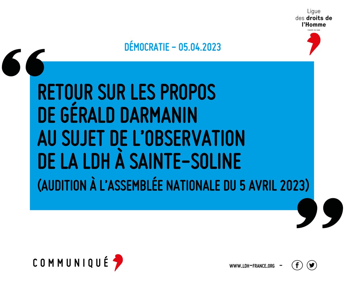 LDH France (@ldh_fr) on Twitter photo Le ministre <a href="/GDarmanin/">Gérald DARMANIN</a> a mis en cause ce jour à l'<a href="/AssembleeNat/">Assemblée nationale</a> la participation de la #LDH aux observatoires qui ont documenté le dispositif de maintien de l’ordre à #SainteSoline avec des arguments faux ou biaisés auxquels la LDH répond 👇
ldh-france.org/retour-sur-les… Le ministre <a href="/GDarmanin/">Gérald DARMANIN</a> a mis en cause ce jour à l'<a href="/AssembleeNat/">Assemblée nationale</a> la participation de la #LDH aux observatoires qui ont documenté le dispositif de maintien de l’ordre à #SainteSoline avec des arguments faux ou biaisés auxquels la LDH répond 👇
ldh-france.org/retour-sur-les…